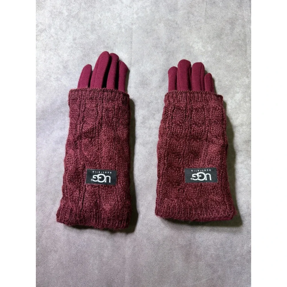 UGG Australia Burgundy Cable Knit 2-in-1 Touchscreen Gloves Fleece LinedRN148903